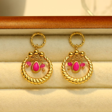 Wholesaler Eclat Paris - Gold Hoop Earrings with Pink Natural Stones