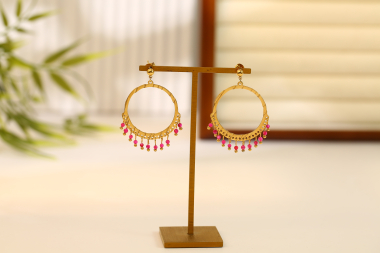 Wholesaler Eclat Paris - Gold circle earrings with pink pendant