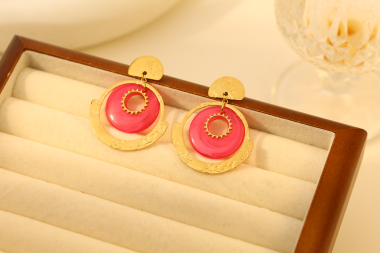 Wholesaler Eclat Paris - Gold circle earrings with fuchsia acrylic