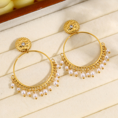Wholesaler Eclat Paris - Golden Circle Earrings With Synthetic Pearl Pendants