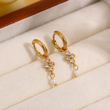Wholesaler Eclat Paris - Gold Hoop Earrings with Flower and Rhinestone Pendants