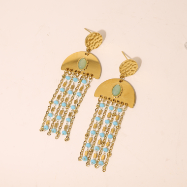 Wholesaler Eclat Paris - Gold Half Circle Earrings With Chain And Blue Acrylic