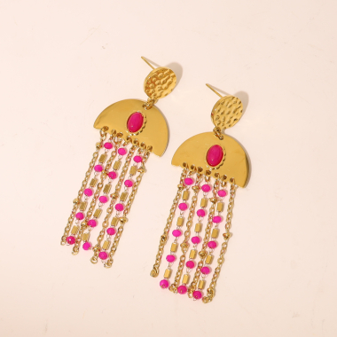 Wholesaler Eclat Paris - Gold Half Circle Earrings With Chain And Fuchsia Acrylic