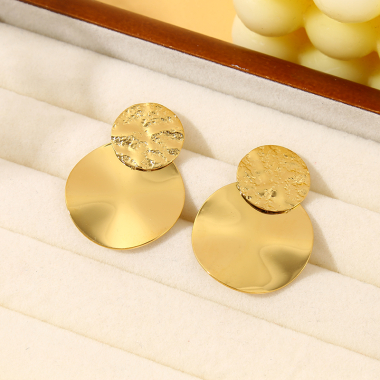 Wholesaler Eclat Paris - Golden Double Disc Hammered and Smooth Earrings