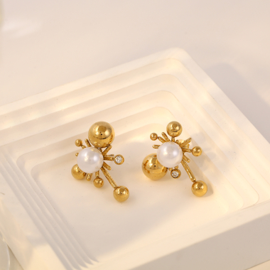 Wholesaler Eclat Paris - Golden firework earrings with balls, pearl and rhinestones