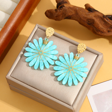 Wholesaler Eclat Paris - Gold blue flower earrings with acrylic thread