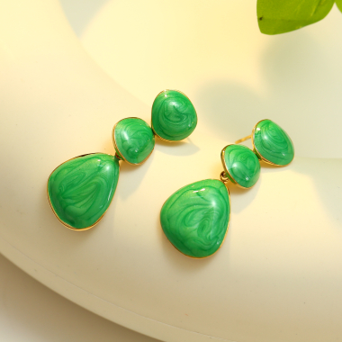 Wholesaler Eclat Paris - Green Enamel Dangling Gold Earrings
