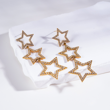 Wholesaler Eclat Paris - Gold-tone triple star dangle earrings with rhinestones
