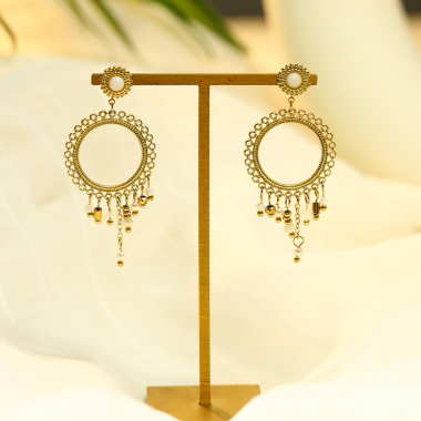 Wholesaler Eclat Paris - Gold White Stone Earrings With Dangling Chains