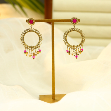 Wholesaler Eclat Paris - Gold Fuchsia Stone Earrings With Dangling Chains