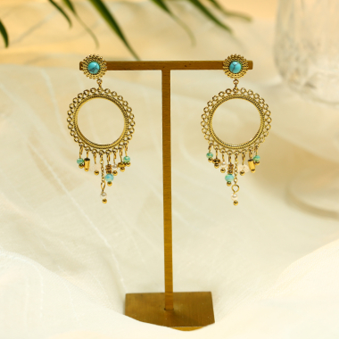 Wholesaler Eclat Paris - Gold Turquoise Stone Earrings With Dangling Chains