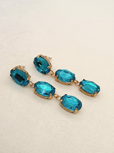 Wholesaler Eclat Paris - Gold rhinestone earrings with blue pendant