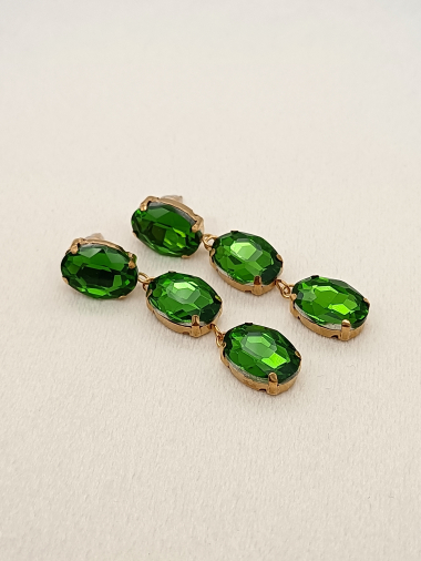 Wholesaler Eclat Paris - Gold rhinestone earrings with green pendant