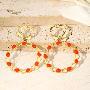 Wholesaler Eclat Paris - Double circle flower earrings with orange enamel