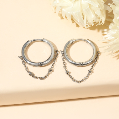 Wholesaler Eclat Paris - Silver mini hoop earrings with chain