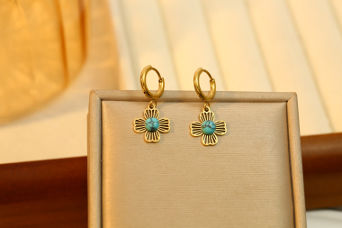 Wholesaler Eclat Paris - Mini hoop earrings with clovers and turquoise stones