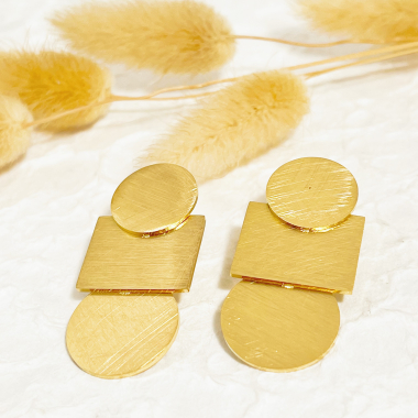 Grossiste Eclat Paris - Boucles d'oreilles pendantes dorées rond et carré brossés