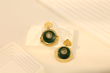 Wholesaler Eclat Paris - Dark Green Sun Gold Drop Earrings