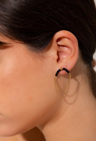 Grossiste Eclat Paris - Boucles d'oreilles perles noires et double chaîne
