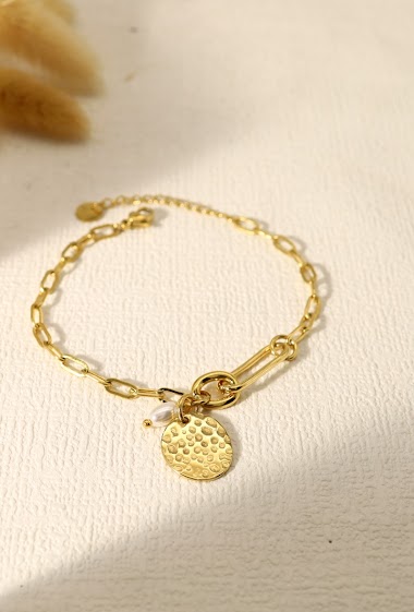 Wholesaler Eclat Paris - Bracelet chaîne avec perle et pendentif martelé