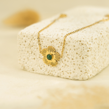 Grossiste Eclat Paris - Bracelet chaîne dorée avec fleur et malachite synthétique