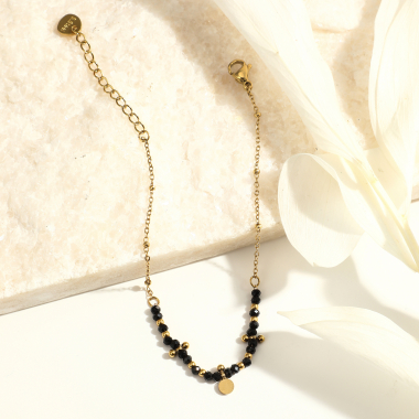 Grossiste Eclat Paris - Bracelet chaîne dorée avec perles noires et pampille ronde