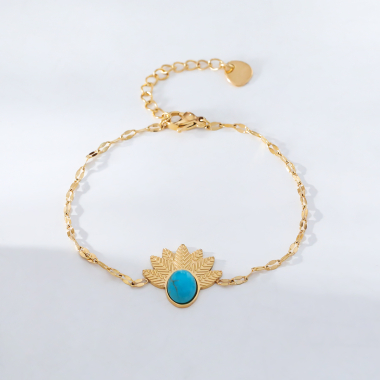 Großhändler Eclat Paris - Goldenes Kettenarmband mit türkisfarbenem Stein und halber Blume