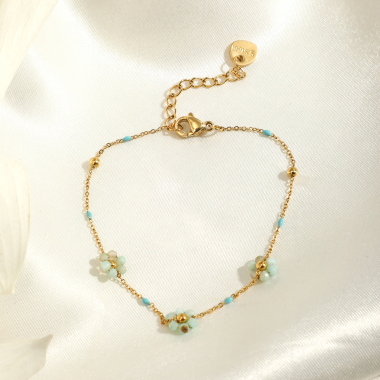Grossiste Eclat Paris - Bracelet chaîne dorée avec triple fleur couleur vert d'eau