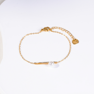 Grossiste Eclat Paris - Bracelet chaîne dorée barre à strass avec perle