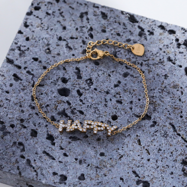 Grossiste Eclat Paris - Bracelet chaîne dorée avec happy en strass