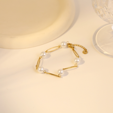 Großhändler Eclat Paris - Goldenes ovales Kettenarmband mit Perlen