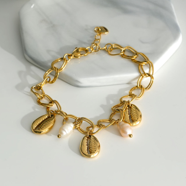 Grossiste Eclat Paris - Bracelet doré maille avec perle synthétique et graine de café