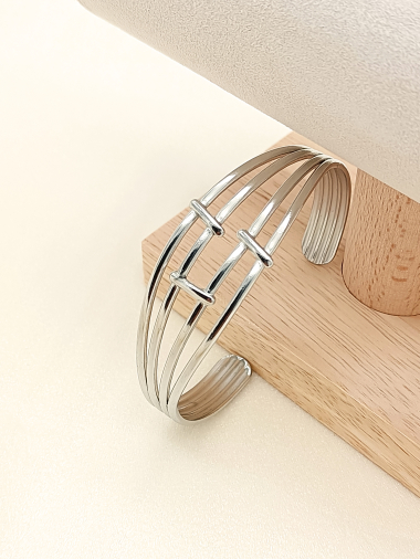 Wholesaler Eclat Paris - Adjustable silver bangle bracelet cut lines