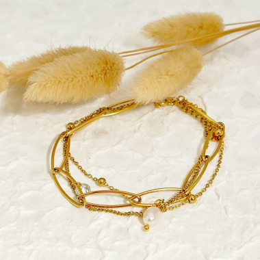 Großhändler Eclat Paris - Dreifaches goldenes Kettenarmband mit synthetischer Perle und Strasssteinen