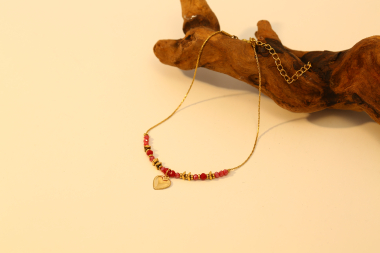 Wholesaler Eclat Paris - Gold anklet with heart and fuchsia stones