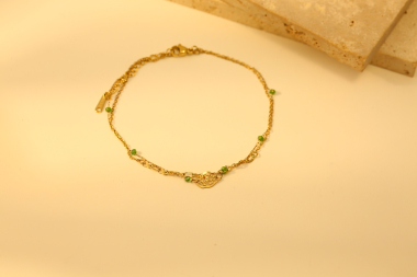 Grossiste Eclat Paris - Chaîne de cheville dorée avec feuille et cristaux verts