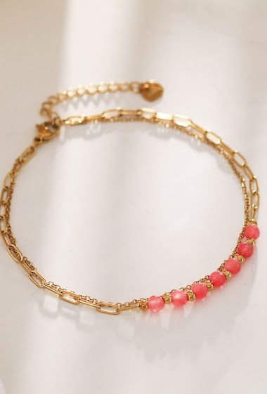 Wholesaler Eclat Paris - Double chain anklet with pink stone