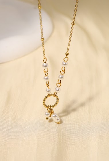 Grossiste Eclat Paris - Collier doré avec anneaux de boules et perles synthétiques