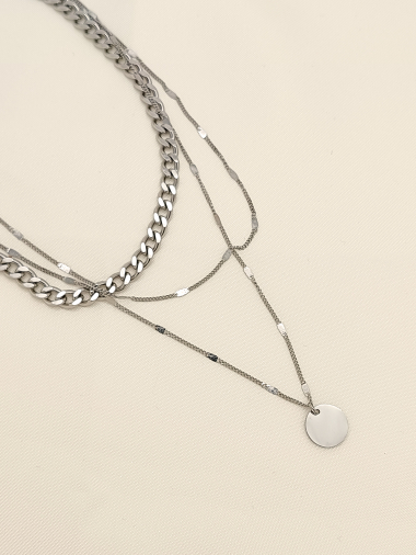 Großhändler Eclat Paris - Silberne dreireihige Halskette mit rundem Anhänger