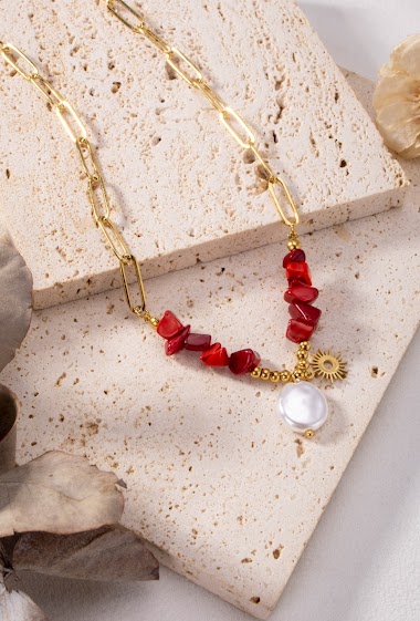 Großhändler Eclat Paris - Goldene Mesh-Halskette mit weißem Stein und synthetischer Perle