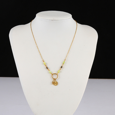 Wholesaler Eclat Paris - Golden chain necklace with circle and green stones