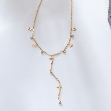 Wholesaler Eclat Paris - Gold Y chain necklace with butterfly and rhinestone pendants