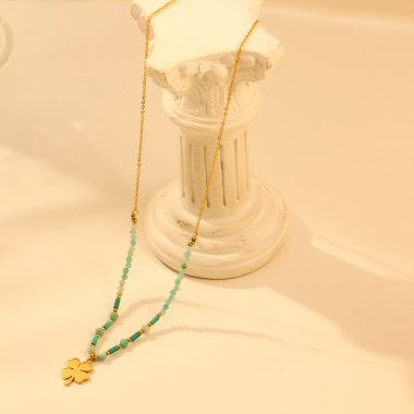 Wholesaler Eclat Paris - Golden chain necklace blue natural stones (amazonite) clover pendant