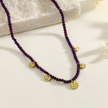 Wholesaler Eclat Paris - Purple glass crystal necklace with 5 hammered pendants