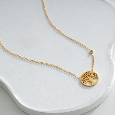 Wholesaler Eclat Paris - Golden Necklace With Tree of Life Pendant And Rhinestones