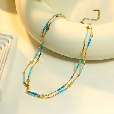 Wholesaler Eclat Paris - Gold Double Chain Necklace with Blue Details