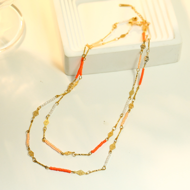 Wholesaler Eclat Paris - Gold Double Chain Necklace with Orange Details