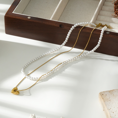 Wholesaler Eclat Paris - Golden Double Chain Necklace with Pearls and Heart