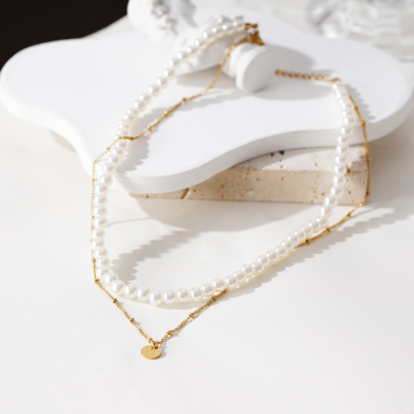 Grossiste Eclat Paris - Collier doré double chaînes perles et pendentif plaque
