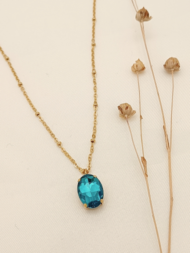 Wholesaler Eclat Paris - Gold necklace with blue rhinestone pendant